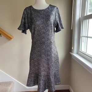 Michael Kors metallic silver cap sleeve dress with flirty ruffled hem